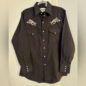 Ely Cattleman Black Embroidered Men's Shirt Sz M Pearl Snap Western long sleeve